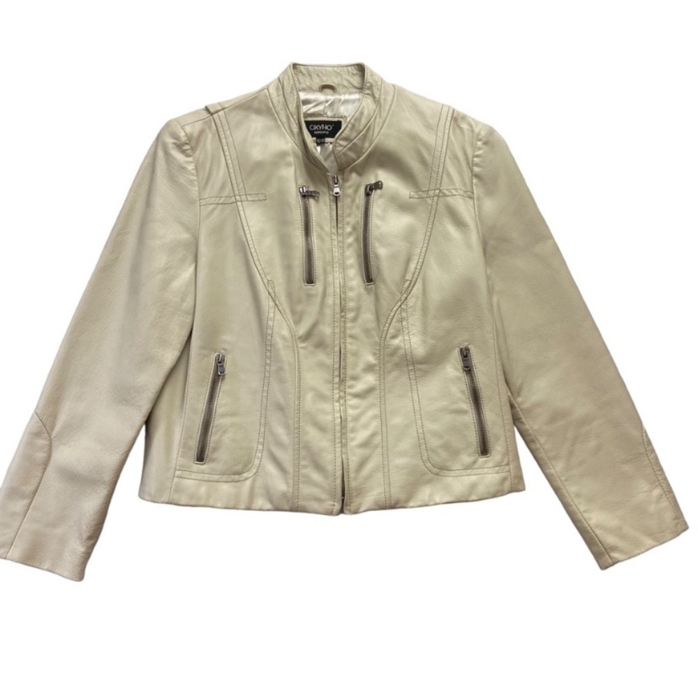 Oxyho Sorento genuine leather jacket ecru off white bikercore zip up coat XL